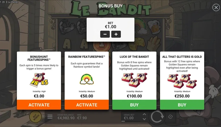 Le Bandit buy menu listing four options and their prices